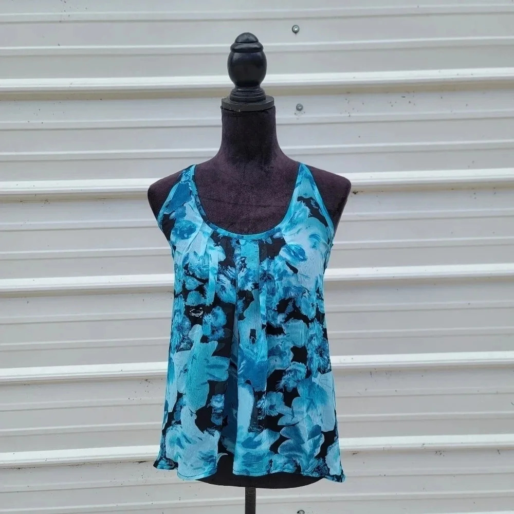Express Floral Semi Sheer Sleeveless Racerback Top Blouse Tank Green Black XS